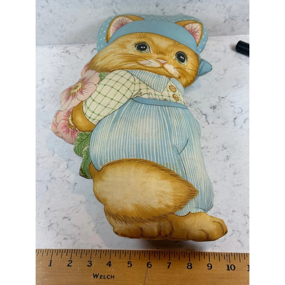 Vintage Handmade Fabric Cat‎ Pillow Ginger Tabby Blue Striped Outfit Cottagecore
